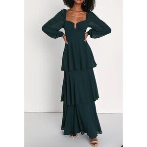 Lulus Tier to Enchant Emerald Green Long Sleeve Tiered Maxi Dress Sz Large Women
